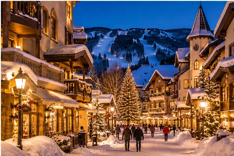 Illustration of alpine village on a snowy evening